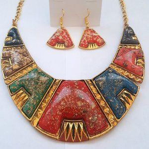 Chunky Gold Tone Ethnic Style Stones Necklace Set